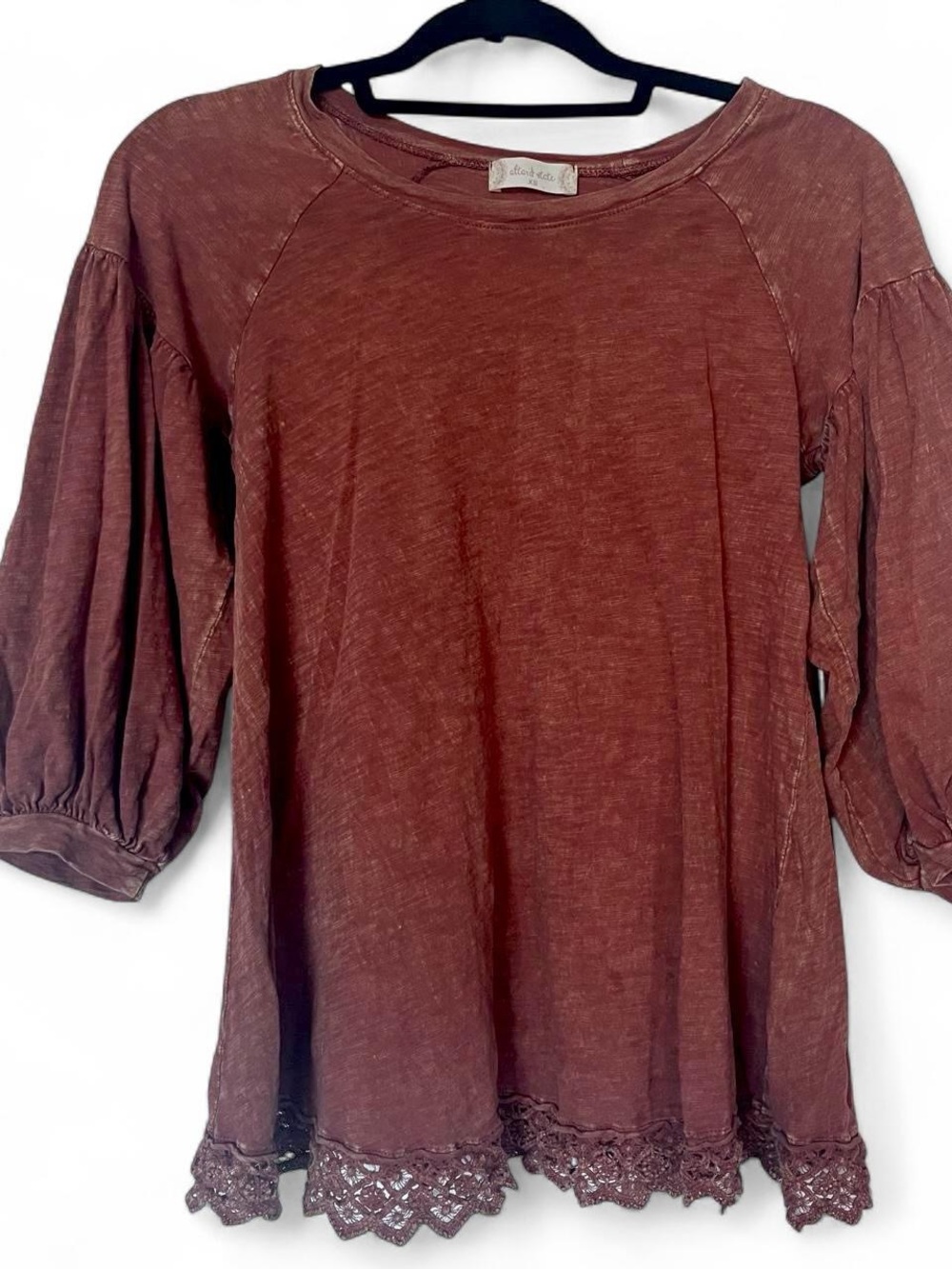 Altar'd State Chestnut Lace-Hem Peasant Sleeve Top